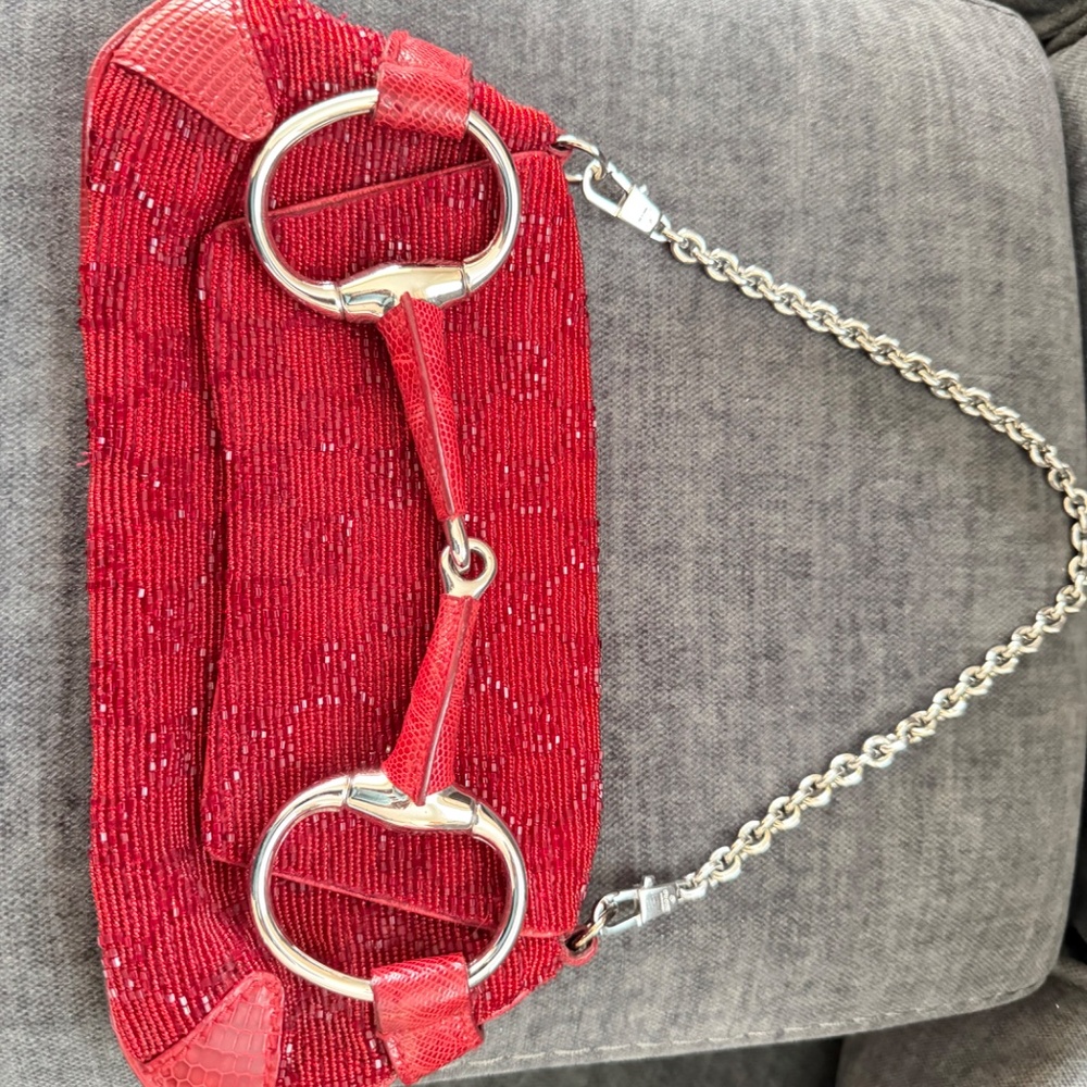 Gucci red Crystal GG beaded handbag with lizard skin and silver horsebit - Picture 4 of 11
